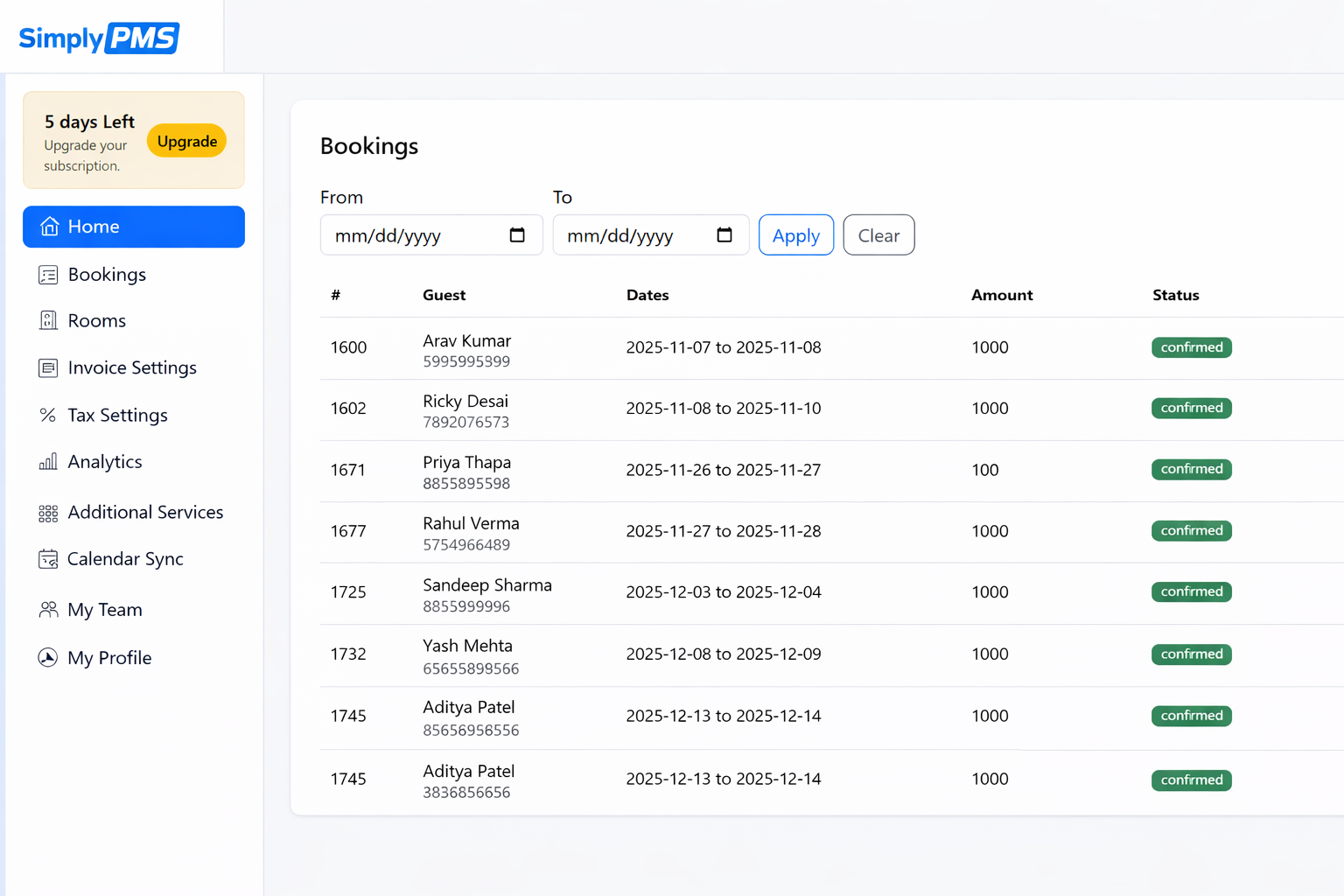 SimplyPMS bookings module screenshot
