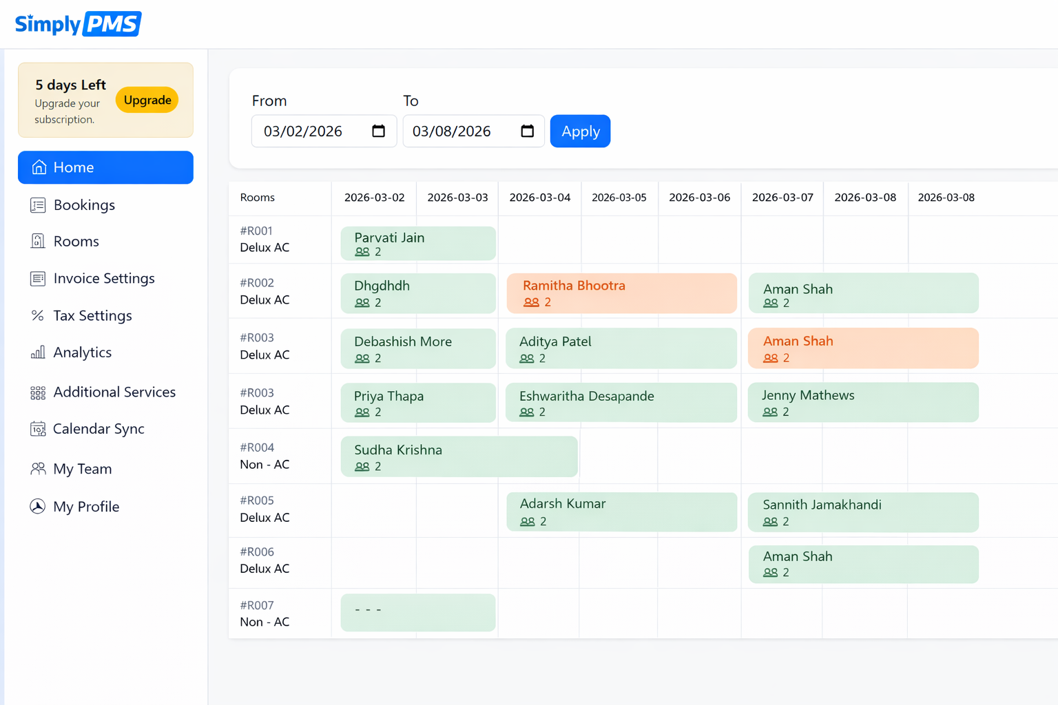 SimplyPMS dashboard and home calendar screenshot