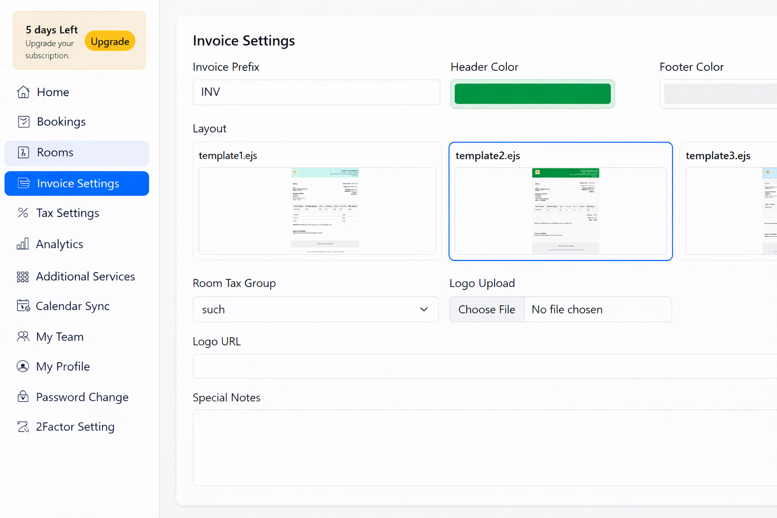 SimplyPMS invoice settings screenshot
